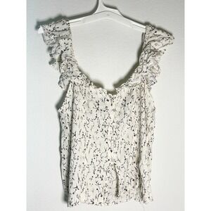 HM Floral Ruffle Button Down Tank Top White Black Sleeveless Blouse Womens Large